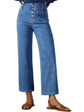 Women's Royal Blue High Waisted Jeans Stretchy Denim Pant Casual Wide Leg Jeans